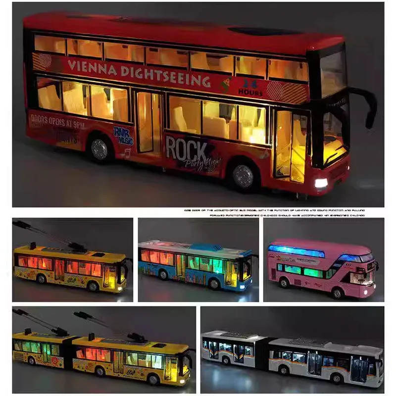 نموذج حافلة لمشاهدة معالم المدينة ذات الطابقين، ضوء الصوت، ألعاب التراجع، سيارة الأطفال الصبي، هدية محاكاة سبيكة مصغرة