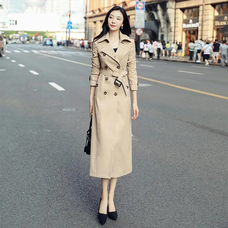 FTLZZ Autumn Winter Women Vintage Long Trench  Double Breasted WindBreaker Elegant Slim Solid Trench Coat With Belt