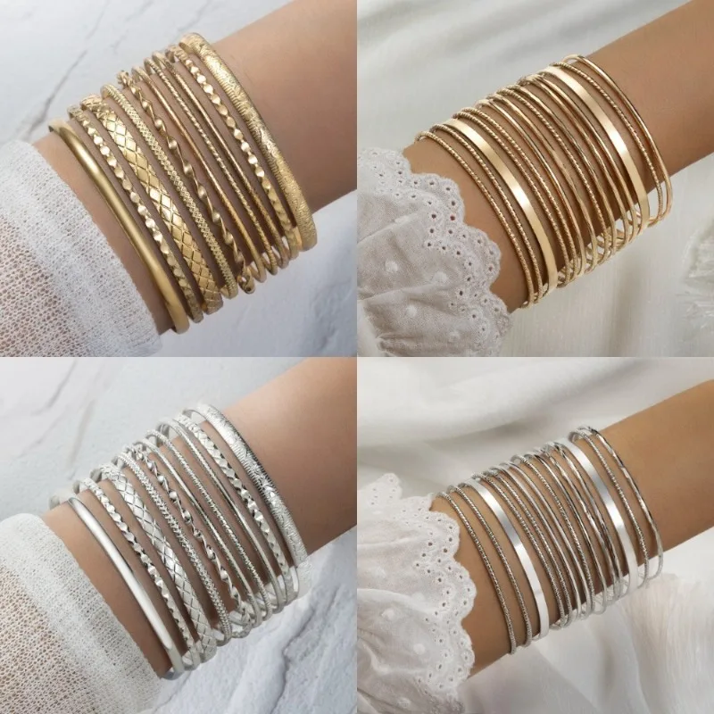 Multi-piece Set Luxury Temperament Wide Face Carving Spiral Pattern Fine Circle Stack Bangles for Women Bride Gift Jewelry Sets