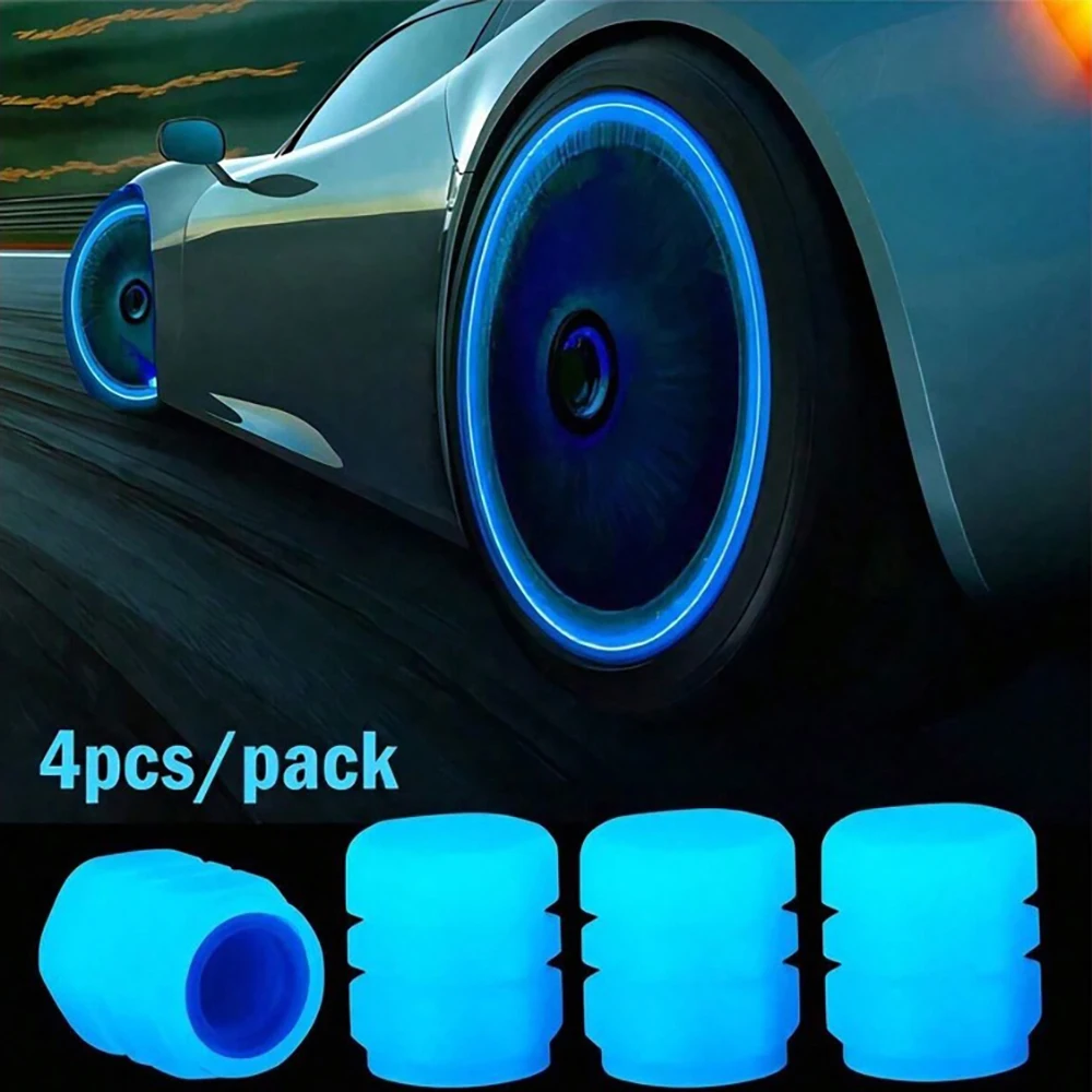 4Pcs Luminous Tire Valve Caps, Light Storage Glow In Dark Wheel Air Valve Stem Covers, Dustproof Decor Caps Fit Car view 2