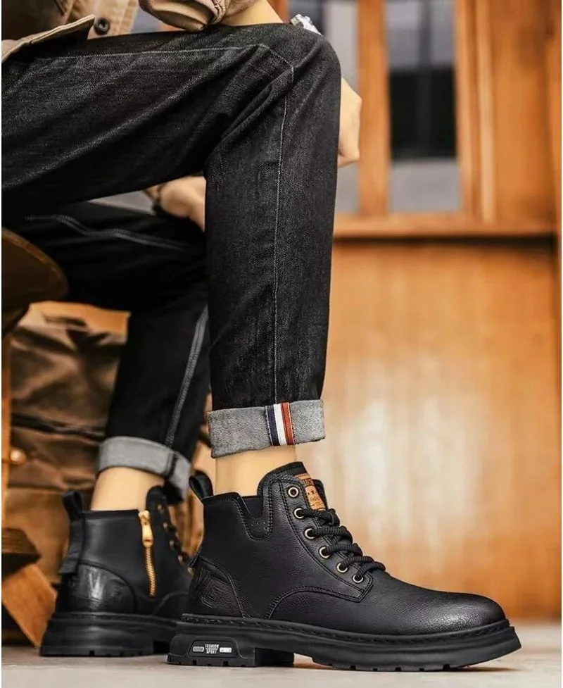 Luxury Men Ankle Boots Retro British High-top Men Boots Fashion High Quality Leather Shoes 2024 New Outdoor Men Motorcycle Boots image 4