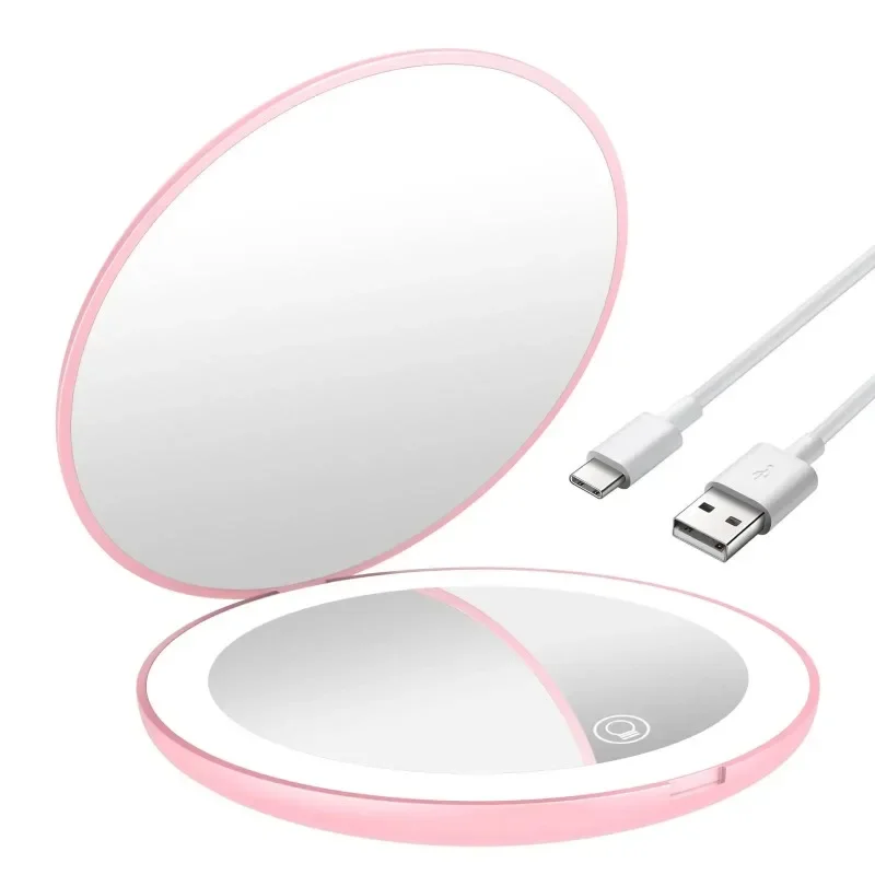 Mini Miroir de Maquillage de Poche Pliable, Portable, avec Lumière LED, Rond, Compact, Grossissant 10X, Rose, Noir, Vanité