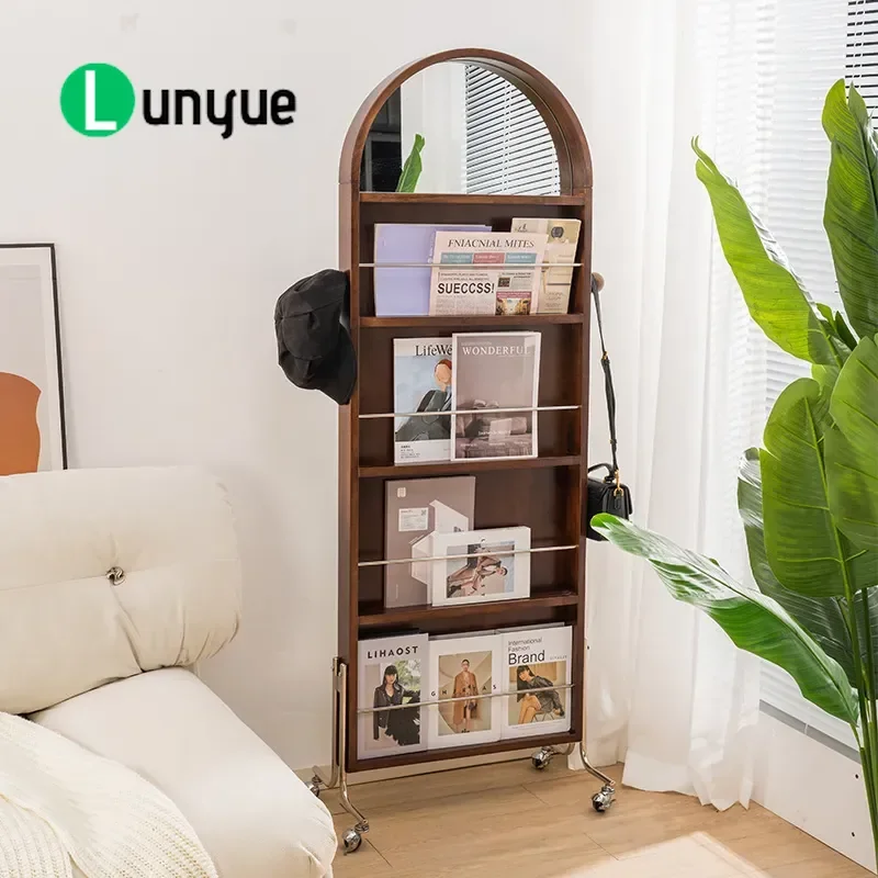 Medieval Full Length Mirror with Shelf Solid Wood Movable Floor Standing Mirror for Home Bedroom Dressing Room Magazine