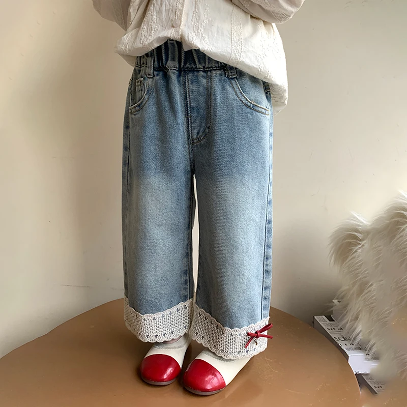 春のファッション女の子用ストレートレッグジーンズスポーツパンツベビー子供服韓国風ポリエステル綿混紡春秋