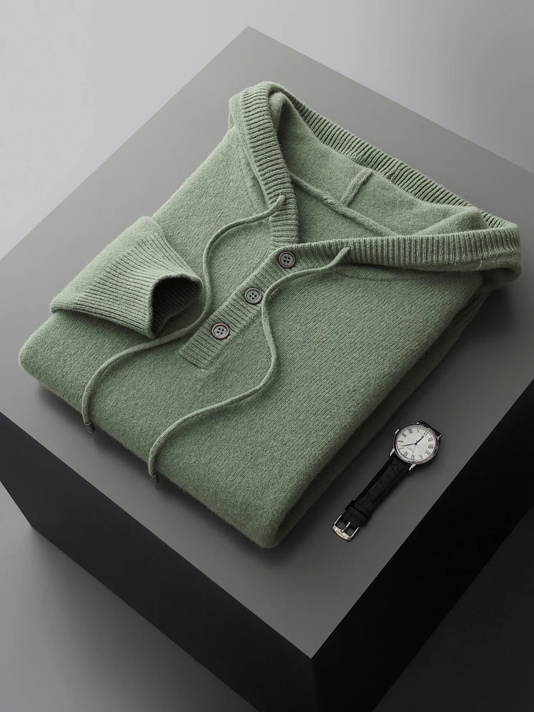 2025 New Chic Man Hooded Pullover Autumn Winter Basics 100% Merino Wool Sweater Sports Sweatshirt Button Drawstring Male Clothes
