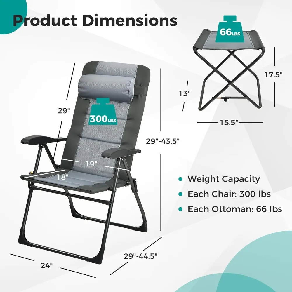 Outdoor chair Set of 2 with Backrest, Armrest and Detachable Headrest & Back Pocket, Beach Chairs