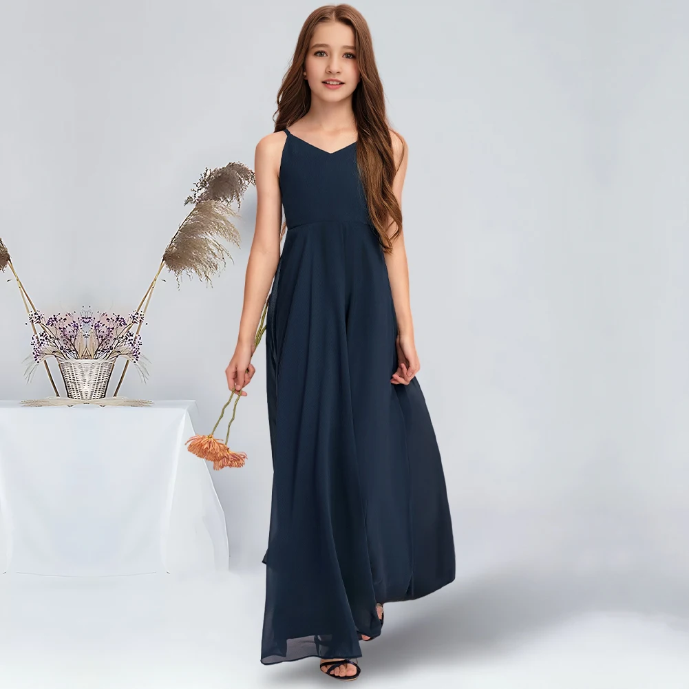 A-line V-Neck Floor-Length Chiffon Junior Bridesmaid Dress With Bow Dark Navy Flower Girl Dress Wedding Party Dresses For Teens