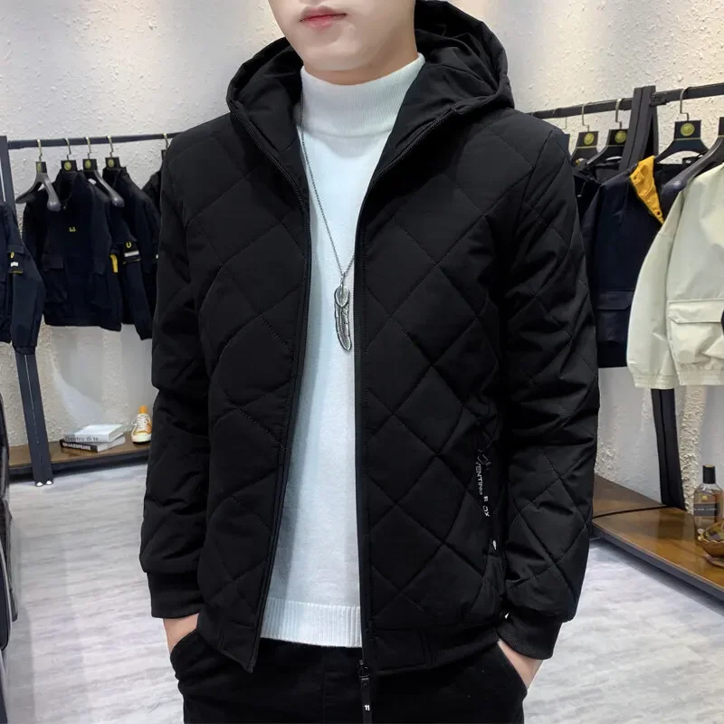 Korean Style New Fashion Men’s Solid Color Casual Trendy Simple Basic Loose Hooded Long Sleeve Quilted Jackets Male Parkas Coats