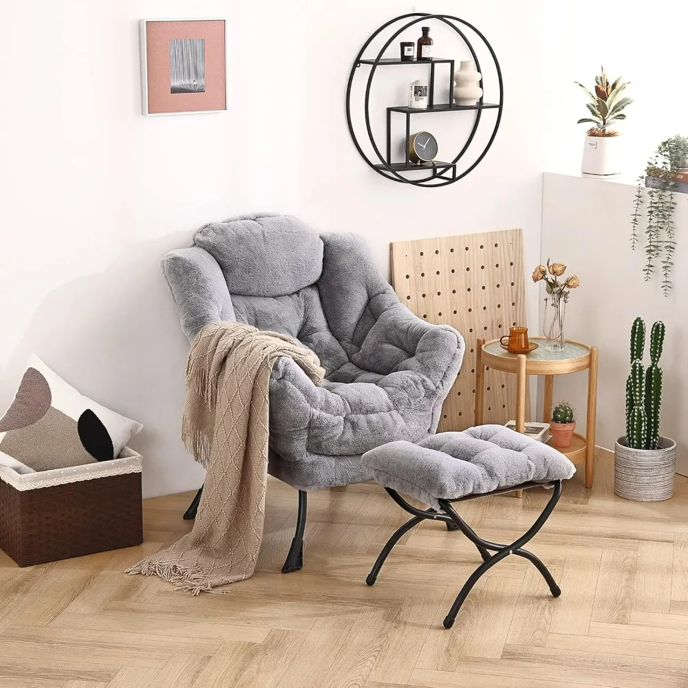 Modern leisure lazy chair and footstool sofa chair set, with armrests and side pockets, reading chair with footstool