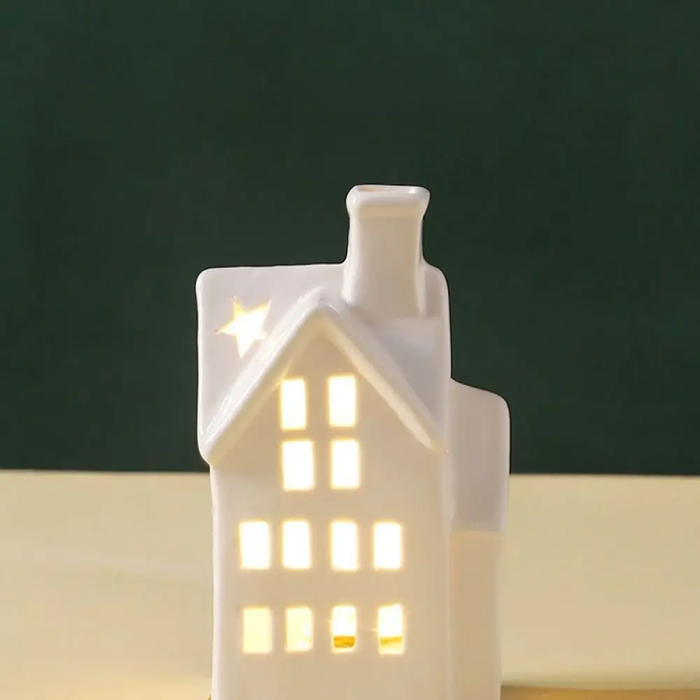 Elegant Ceramic House Decorative Figurine Hollow Out Candle Stand LED Night Light Festive Home Decor Gift Idea