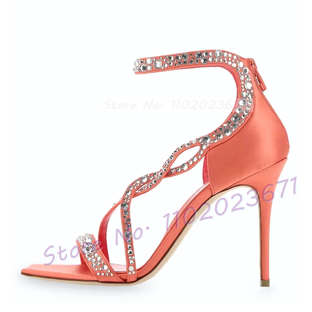 

Crystal Double Cross Strap Sandals Women Sweet Square Toe Pink High Heels Satin Shoes Summer Back-zip Bling Luxury Party Sandals