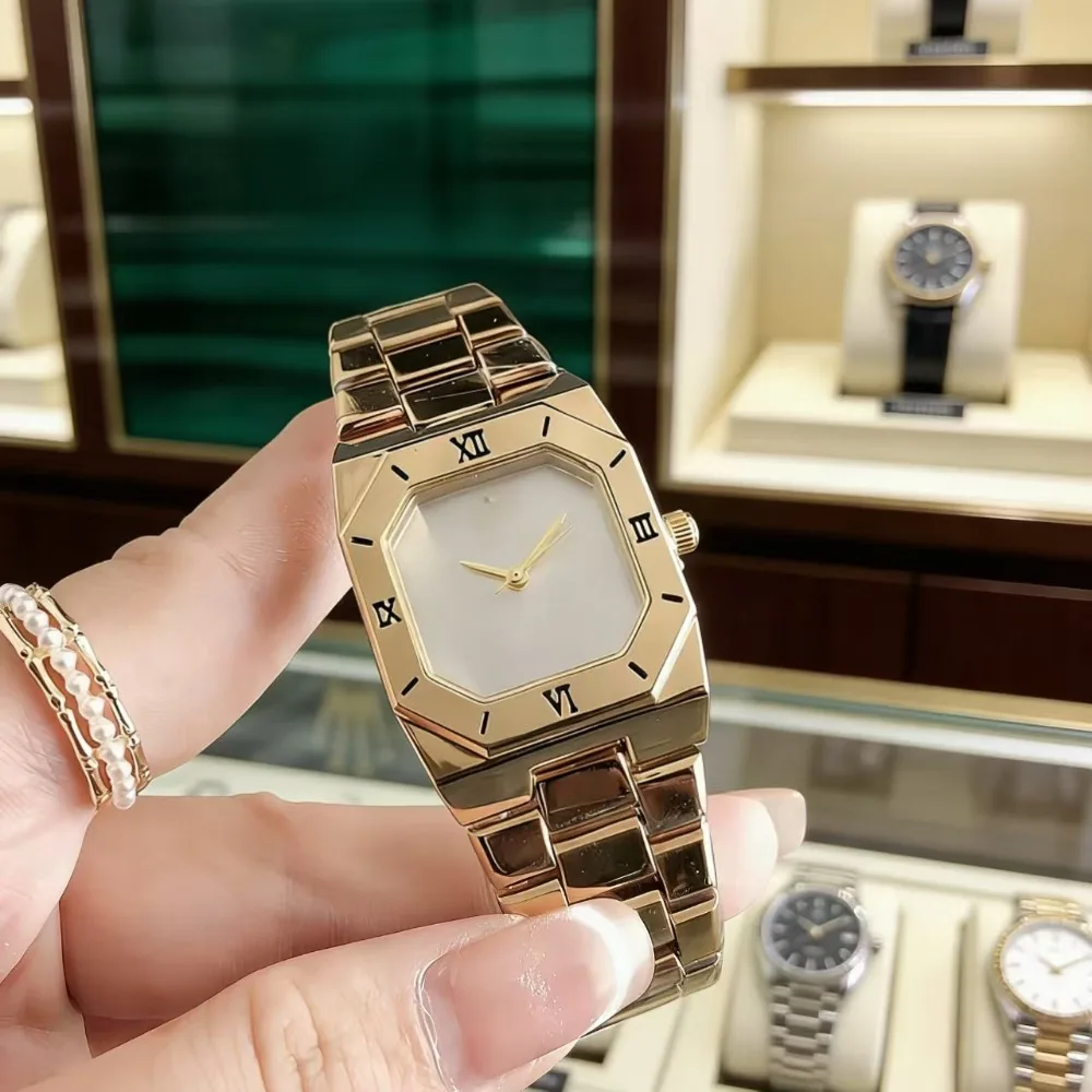 

Elegant Gold Tone Women Watch Octagonal Case White Dial Roman Numeral Bezel Quartz Wristwatch