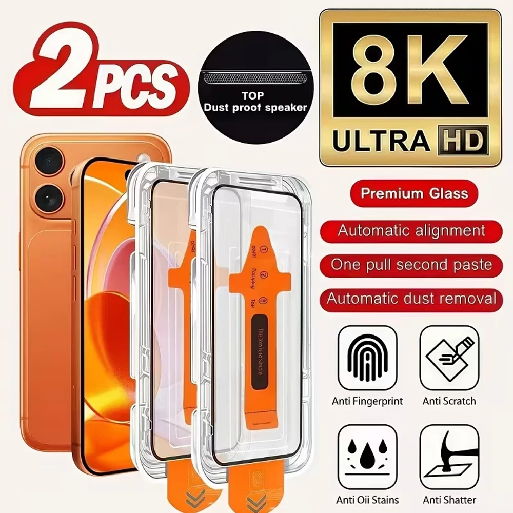 

2PCS 8K Easy Install Screen Protector For iPhone 17 13 11 16 Pro Max 15 14 16e 12 Mini Air XR X XS 6 7 8 Plus SE Tempered Glass