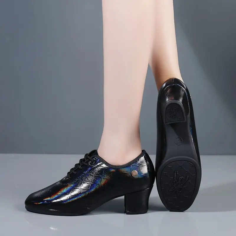 

Черные кожаные туфли для латинских танцев, мягкие квадратные танцевальные туфли, бальные танцы, сальса, бальные туфли, кроссовки для бальных танцев