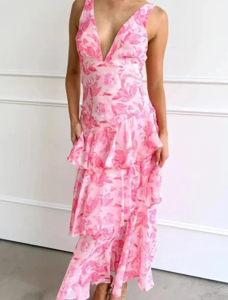 Robes longues à volants élégantes, Sexy, décolleté en V profond, imprimé Floral, style Boho, plage, vacances, robe de soirée décontractée, nouvelles robes