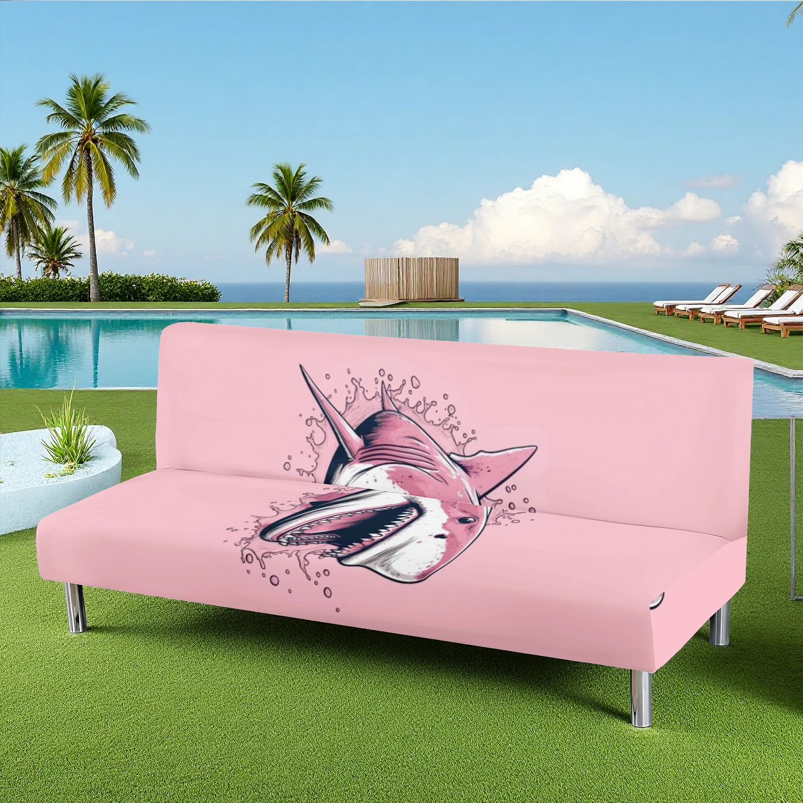 Summer Outdoor Shark Printed Sofa Bed Cover, Milk Silk Elastic Slipcover, Pet - Friendly, Washable & No De