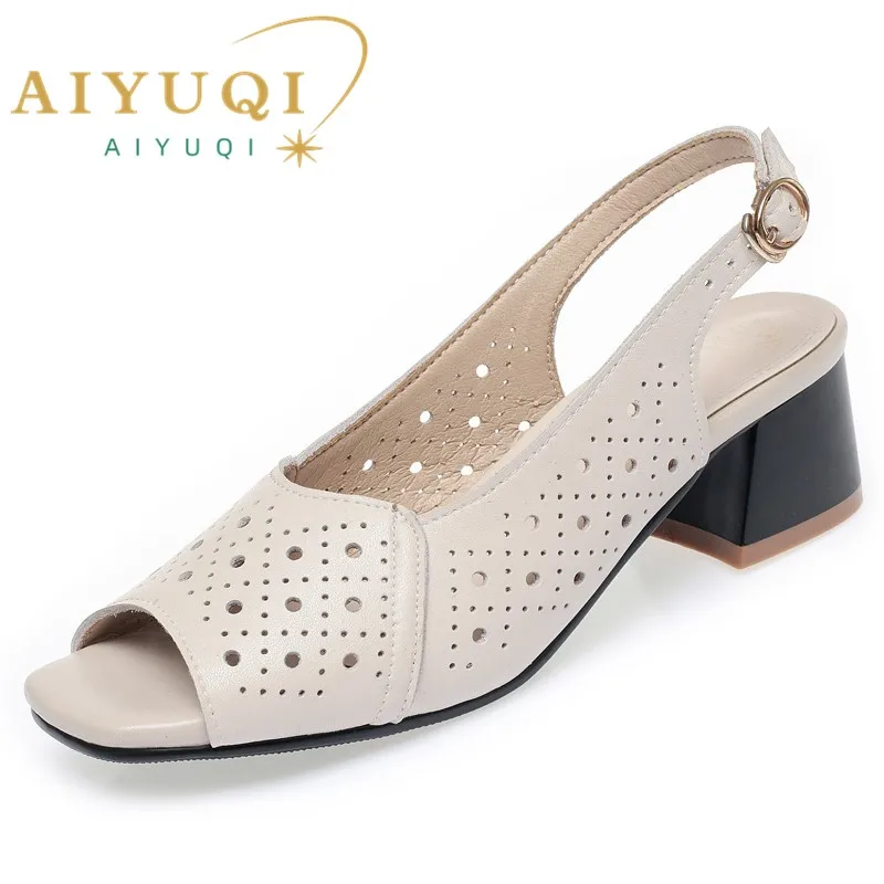 AIYUQI Sandals Women Summer 2024 New Fishmouth Genuine Leather Women Sandals Block Heel Large Size Middle-aged Mom\'s Sandals