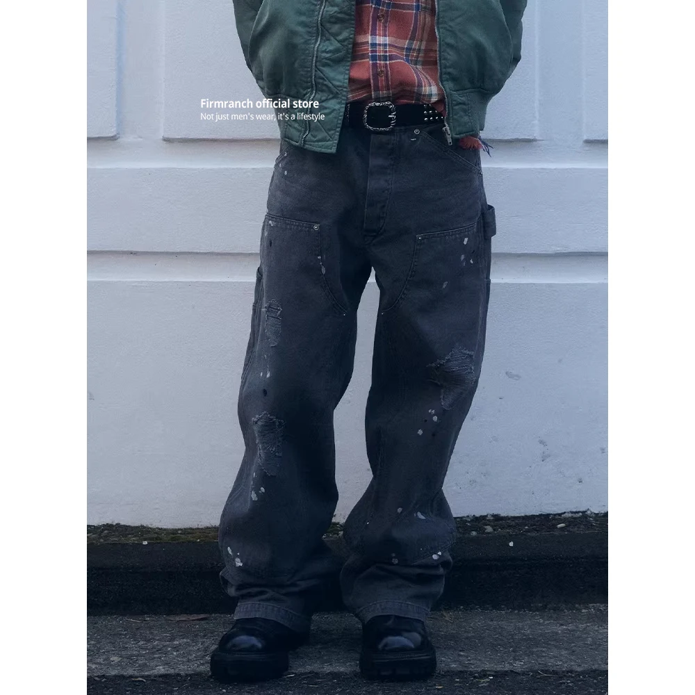

Новые корейские модные рваные винтажные рабочие брюки-карго Firmranch для мужчин и женщин, повседневные свободные брюки с эффектом брызг краски