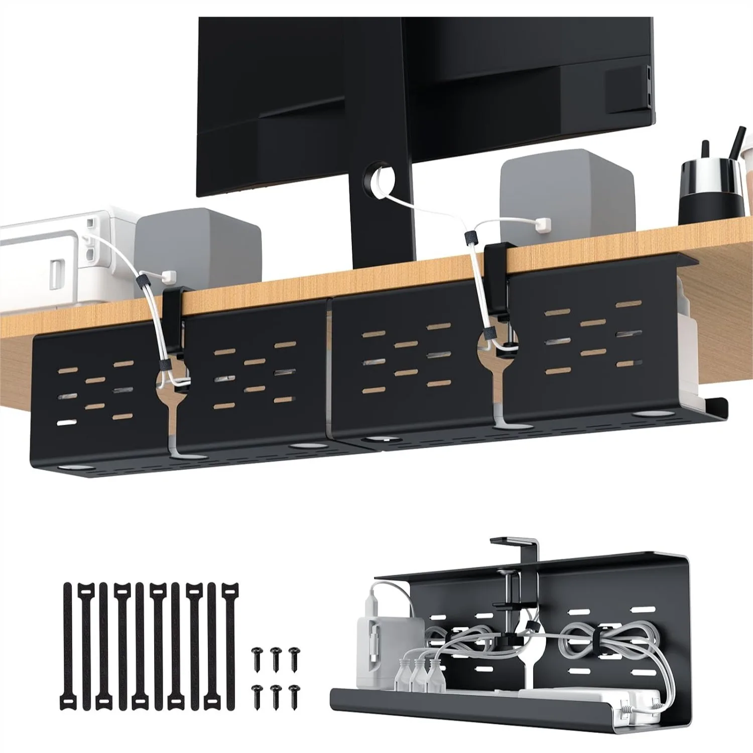 

Under Desk Cable Management Tray 16" 2 Pack, No Drill Clamp Mount Cord Organizer for Home Office Gaming Desk