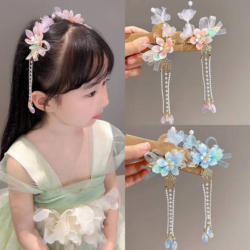 Hanfu Headwear for Girls and Children Ancient Flowers Sweet Tassel Hairpin for Little Girls Hair Card Headwear for Girls