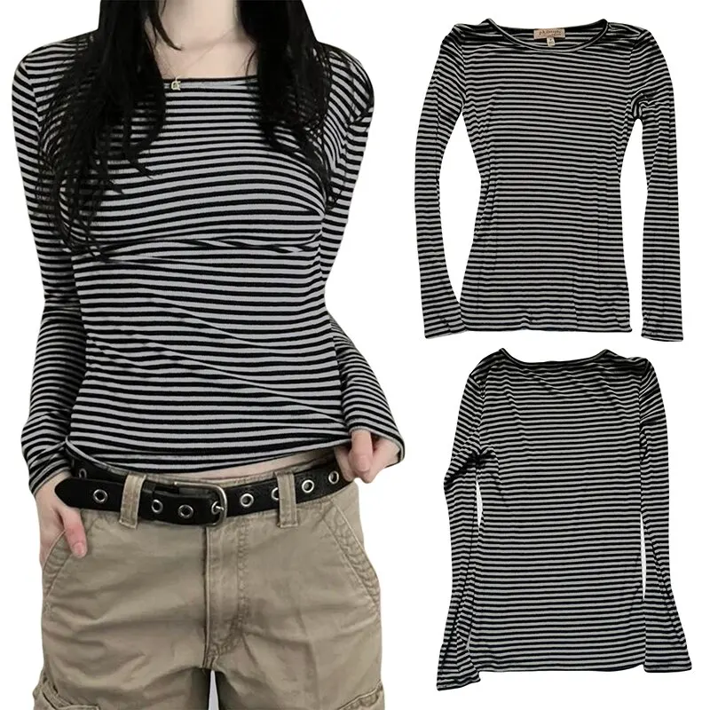 Black & Gray Striped Women\'s Slim Top T-Shirt Long Sleeve Crew Neck Striped Autumn Slim Fit Women\'s Top  Casual Daily