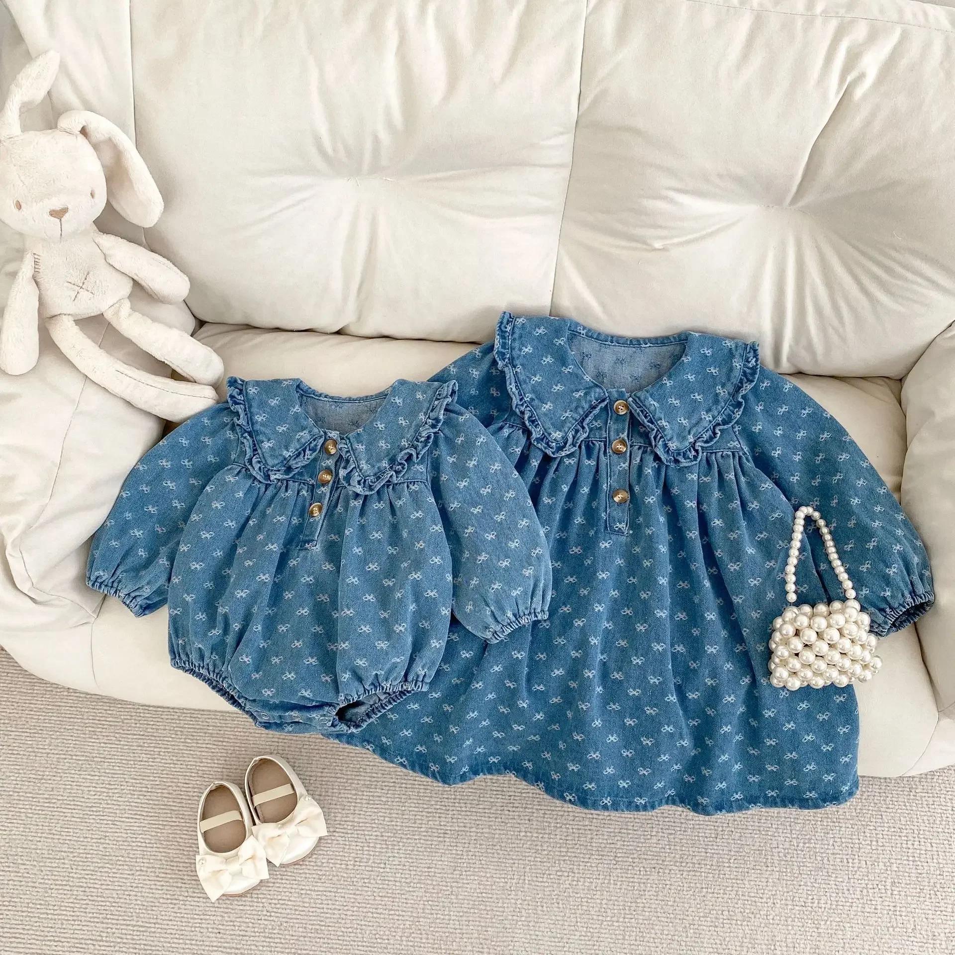 Korean Style Loose Fit Sisters Dress Spring Baby Girls' Denim Bodysuit Toddler Bow Jacquard One Piece Girls Laple Dress