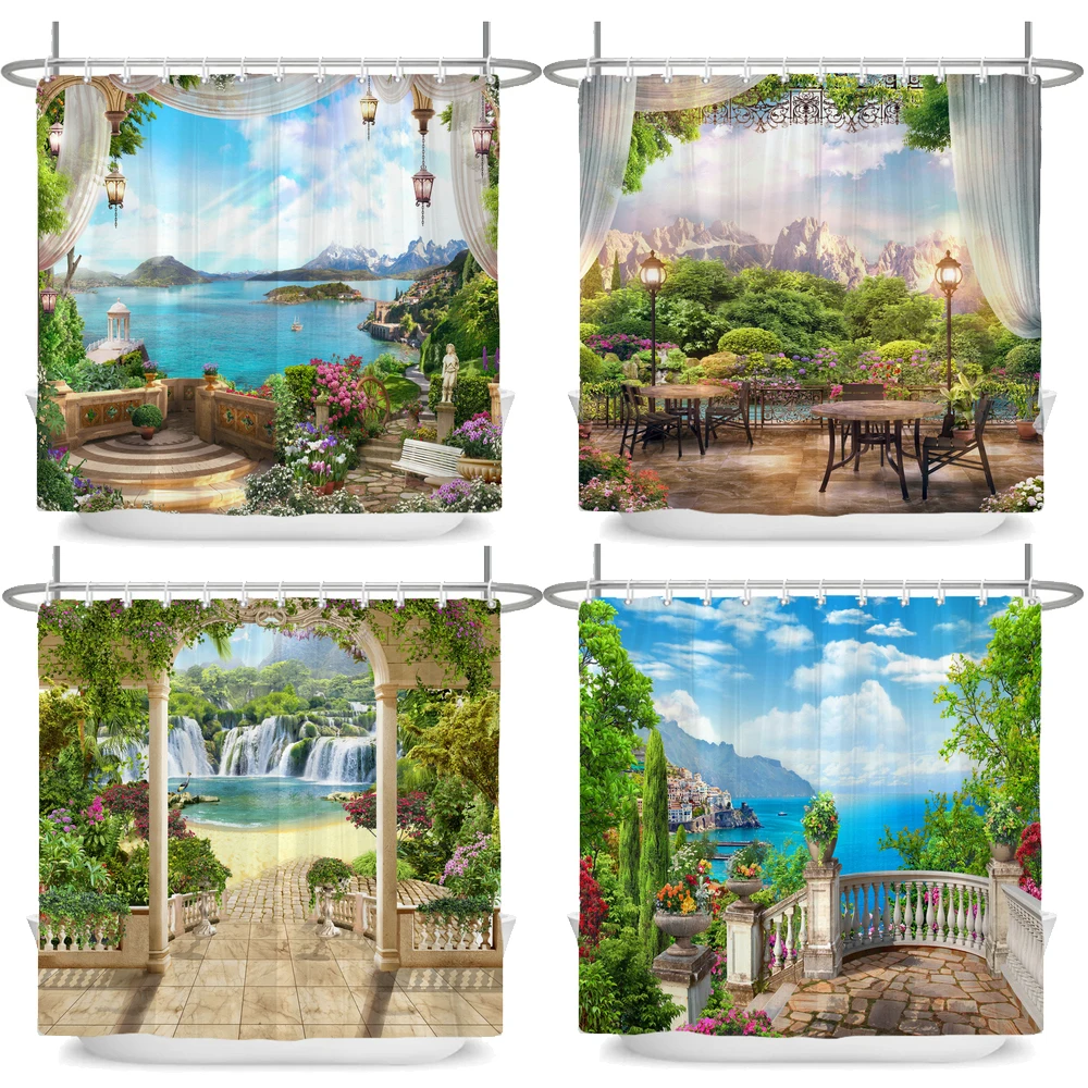 

Beautiful Seaside Garden 3D Print Shower Curtain Rural Flower Scenery Bathroom Waterproof Bathtub Curtain Home Decor With Hooks