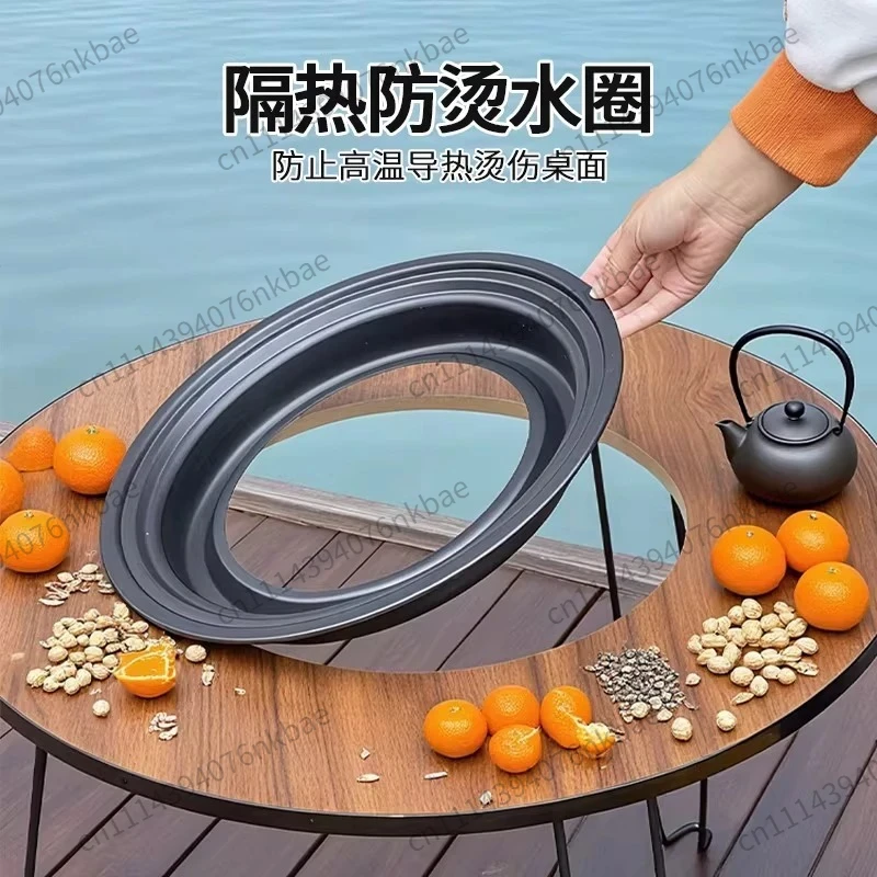 Foldable Round Outdoor Tea & BBQ Fire Table Charcoal Camping Grill for Garden Patio