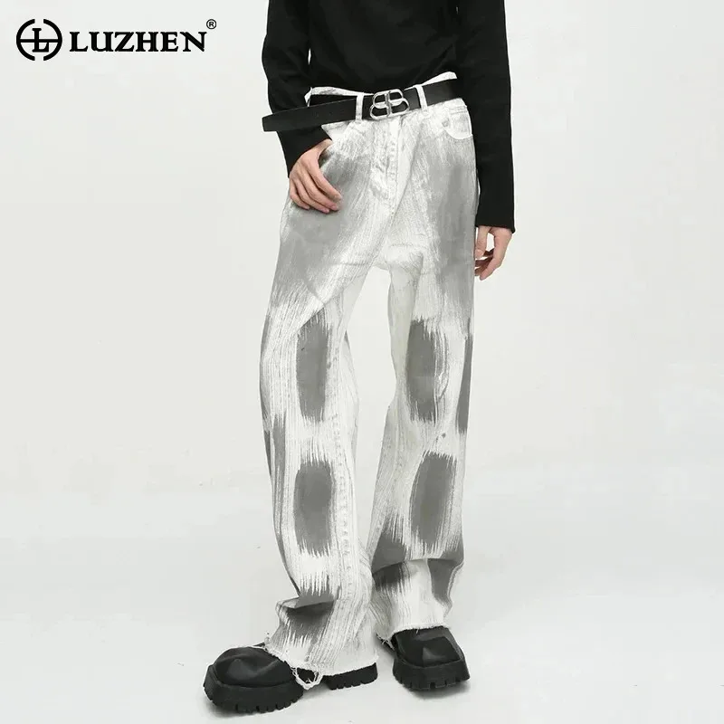 

LUZHEN New Style Vintage Tie-dye Korean Men Tassel Jeans Men's Straight Chic Trousers Wide Leg Denim Pants Spring Trendy 9C3665