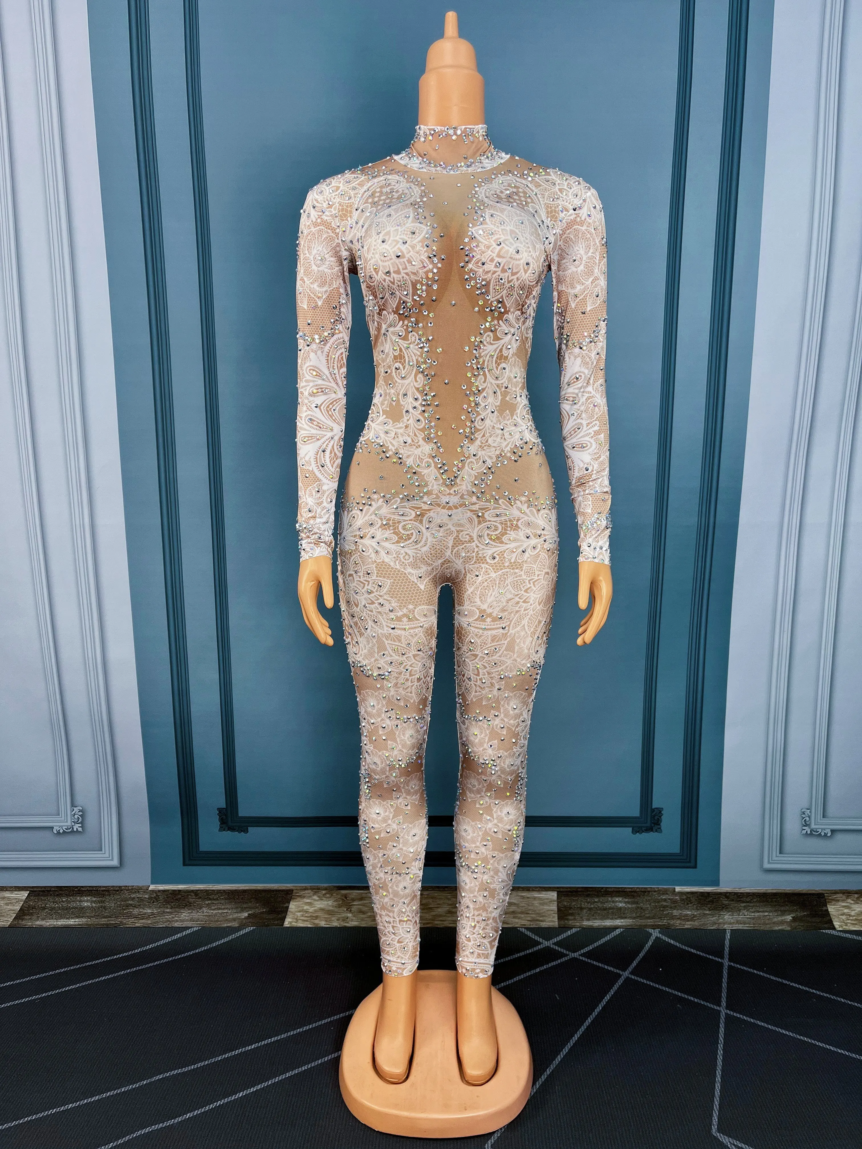 Mono con diamantes de imitación para mujer, mallas elásticas, disfraz Sexy, ropa de fiesta para club nocturno, mono de baile, peleles de moda