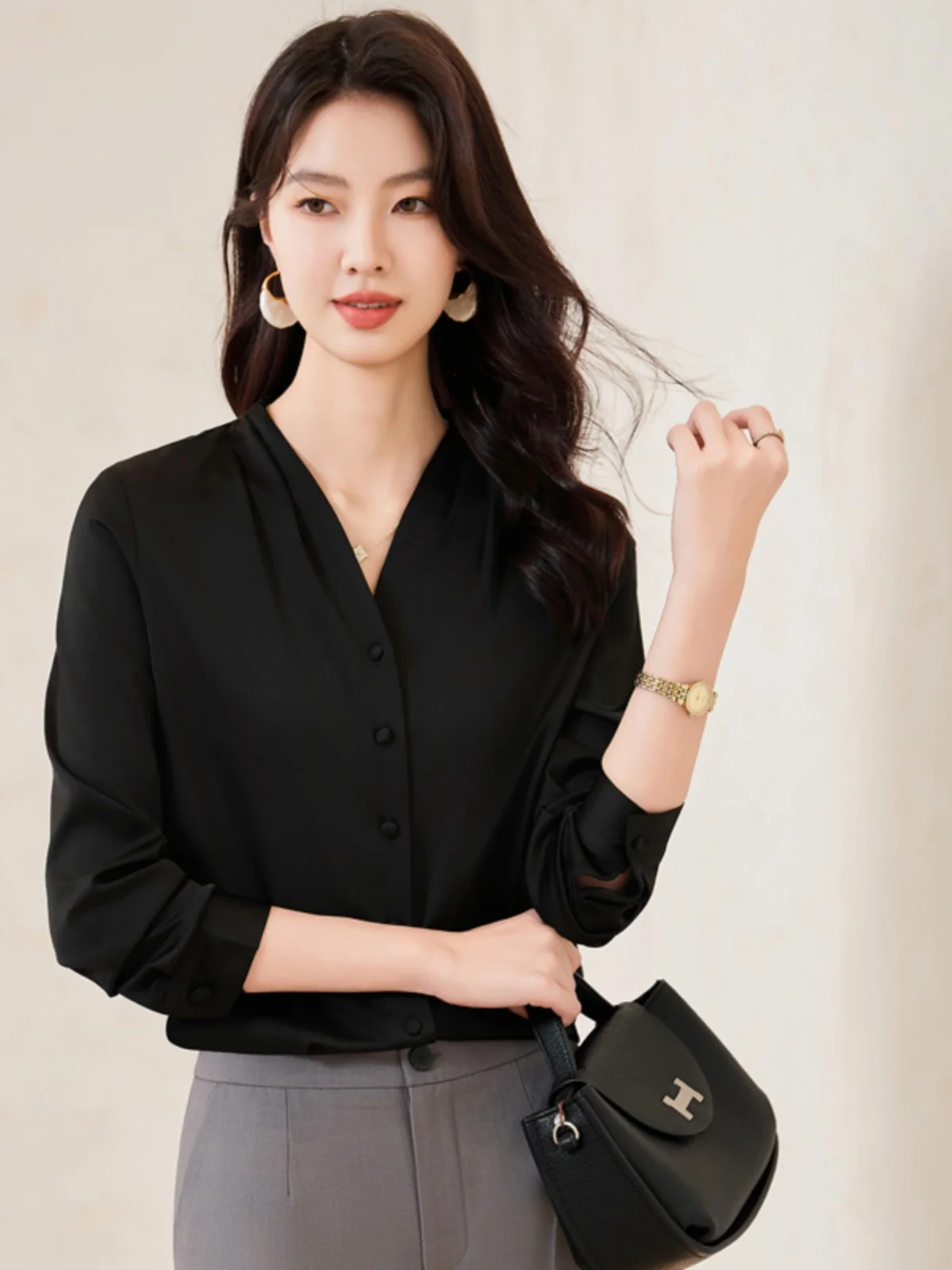 

Ele Long Sve Women's irt 2025 New Autumn Design Unique Profional Commute Chiffon Top Korean Sle Slim Fit V-ne