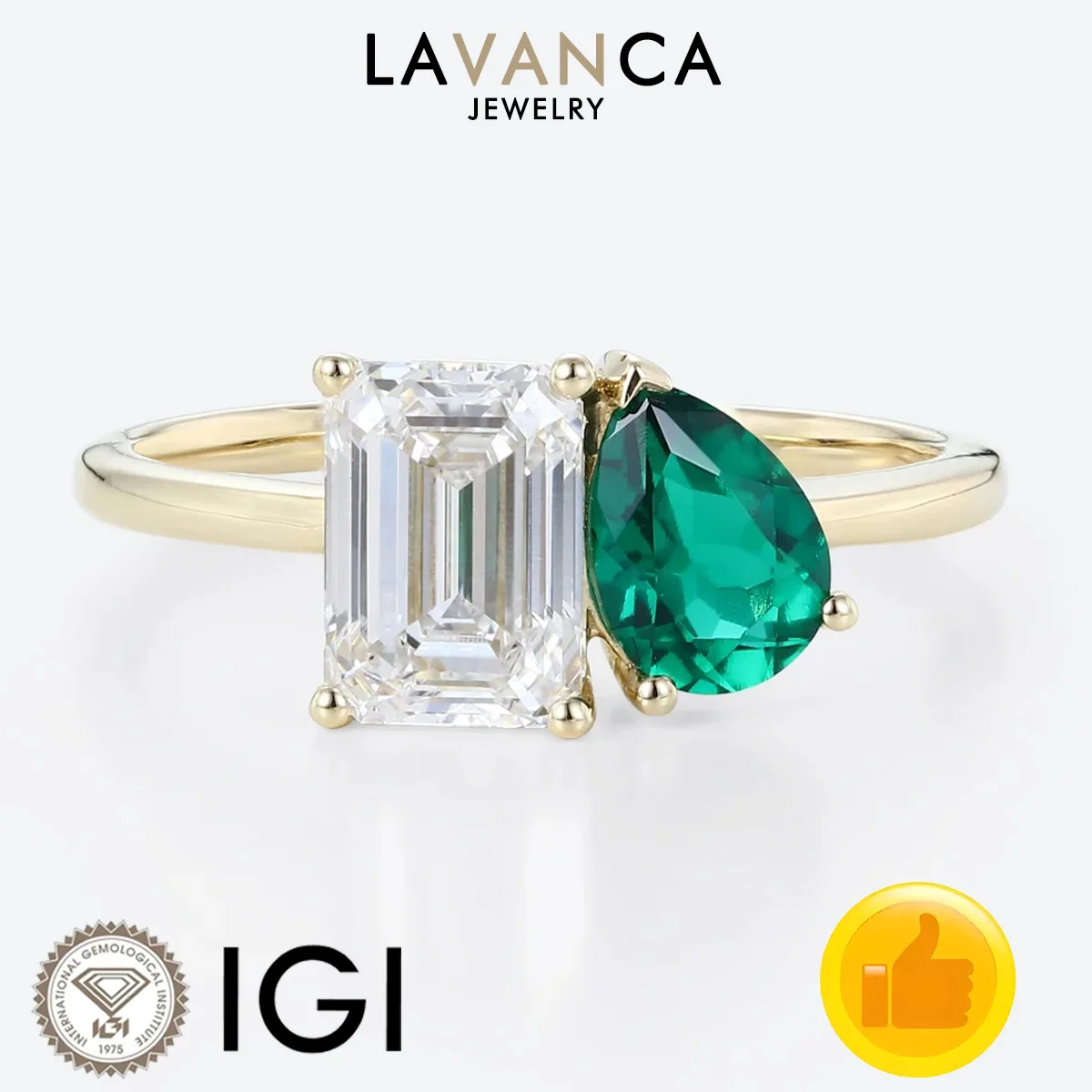 Two Stone Style Lab Grown Diamond & Emerald Ring 9K/14K/18K Yellow Gold Lab Created Gemstone Ring For Women Valentine's Day Gift