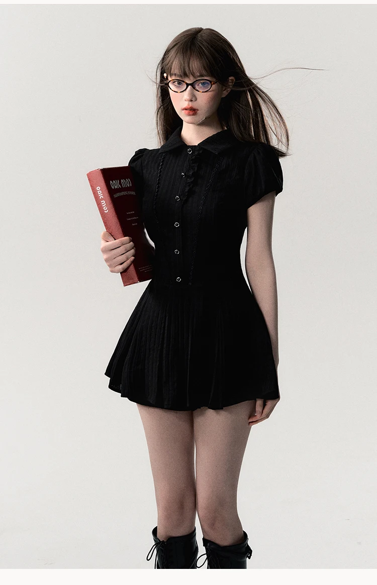 High Quality Dress A-line Elegant Sexy Lace Short Sleeved Shirt Skirt Commuting College Style Decoration Retro Dress Vestido Y2k