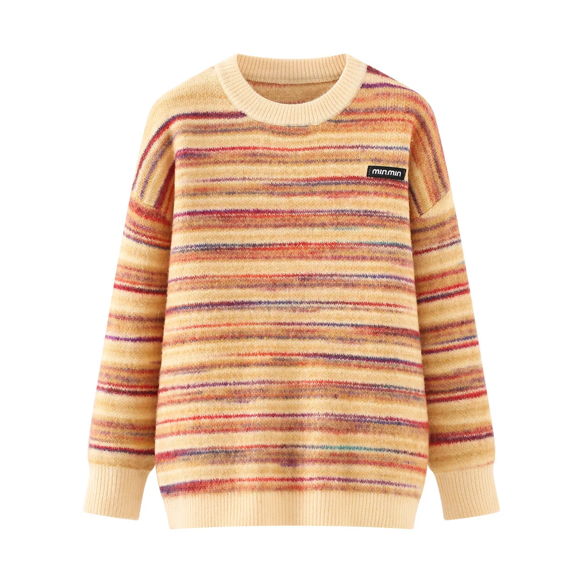 เสื้อสเวตเตอร์ผสมผ้าฝ้ายสำหรับฤดูหนาวปี 2025 ใหม่ ลายทางสีรุ้ง คอทรงโอ สำหรับผู้หญิง สไตล์โมริเกิร์ล ลายแฟร์ไอส์ล ทรงหลวม รุ่น T5N527CC