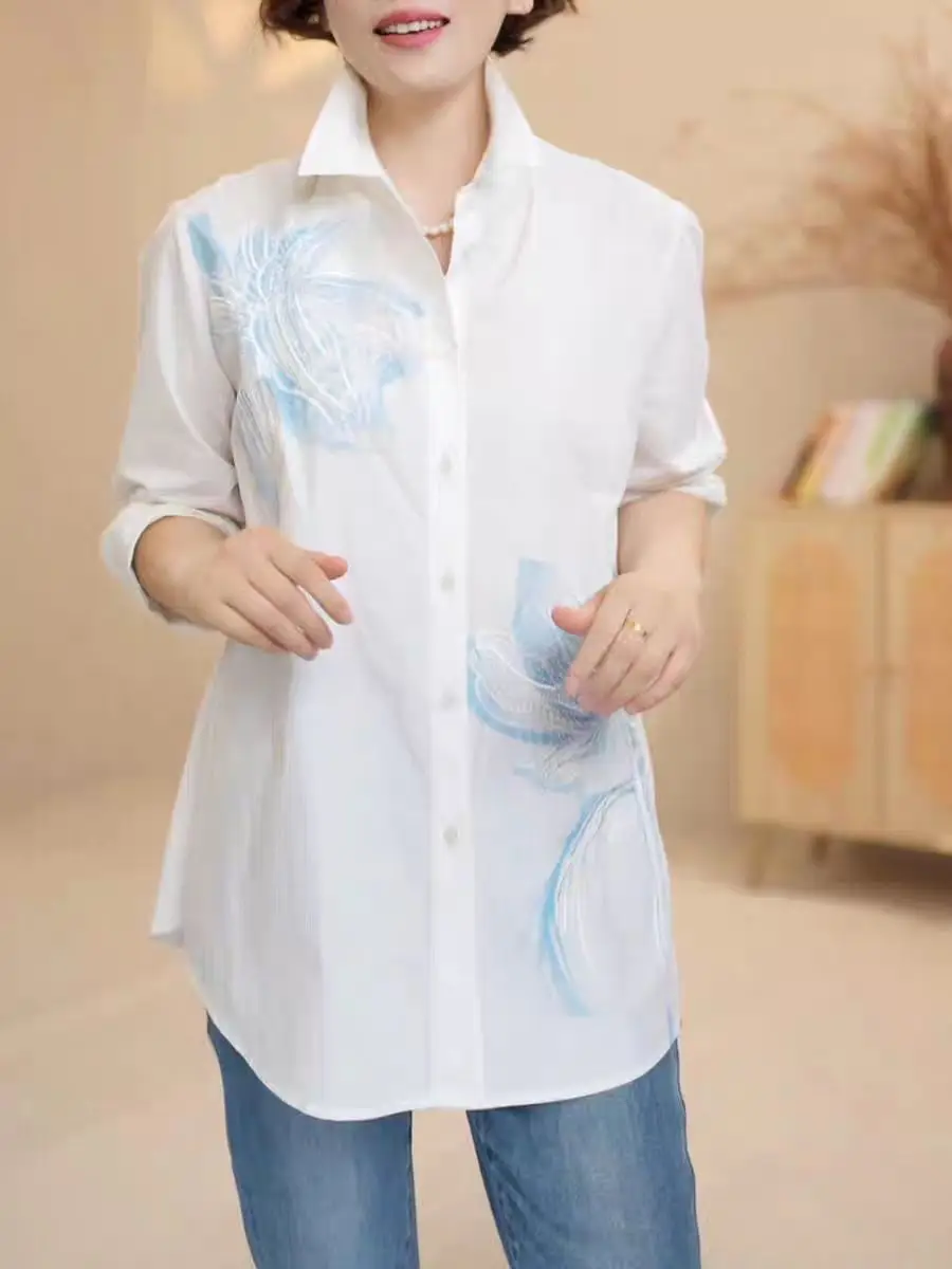 

Flowers Embroidery 100% Cotton Long Sleeve Blouses Shirts Women 2025 Autumn Loose Casual Elegant Top Woman Clothes Women Blouses