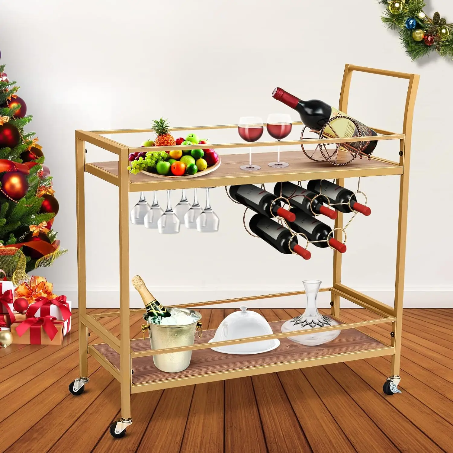 

Gold Cart, Cart for Home, 2 Tiered Mobile Wine Cart with Lockable Wheels, Rolling Cart with Wine Rack And Glass Bottle Holder