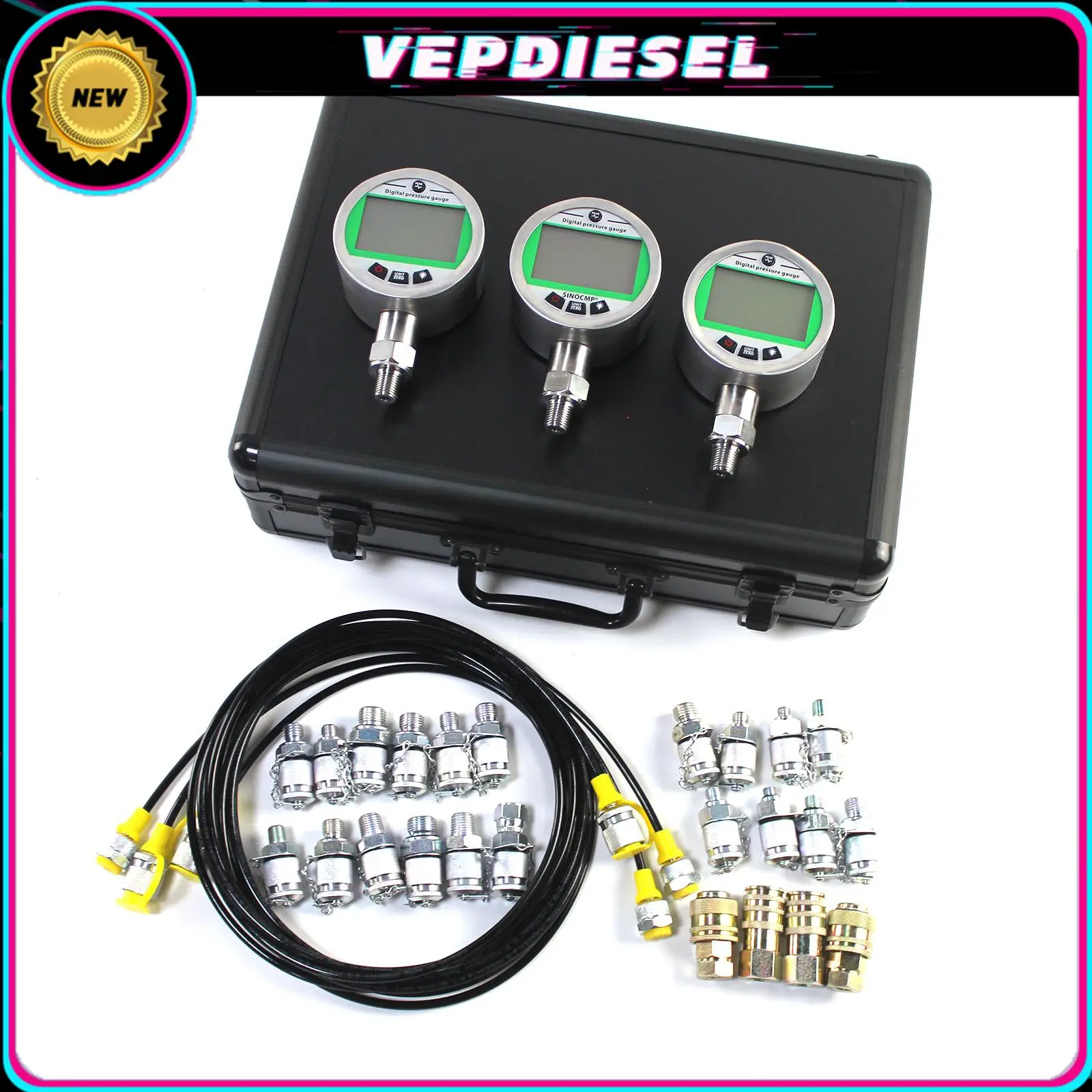 Hydraulic Gas Water Pressure Test Kit with Backlight W/3 Pressure Gauges 16/70MPA 3 Test Hoses 24 Couplings Pressure Gauge Kit