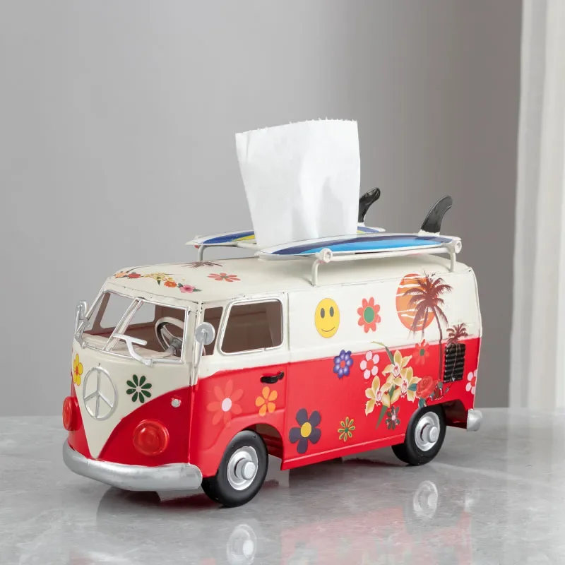 Multifunction Car Paper Holder Nostalgic Retro Metal Bus Tissue Boxes Ornament Miniature Model Home Decoration Handicrafts