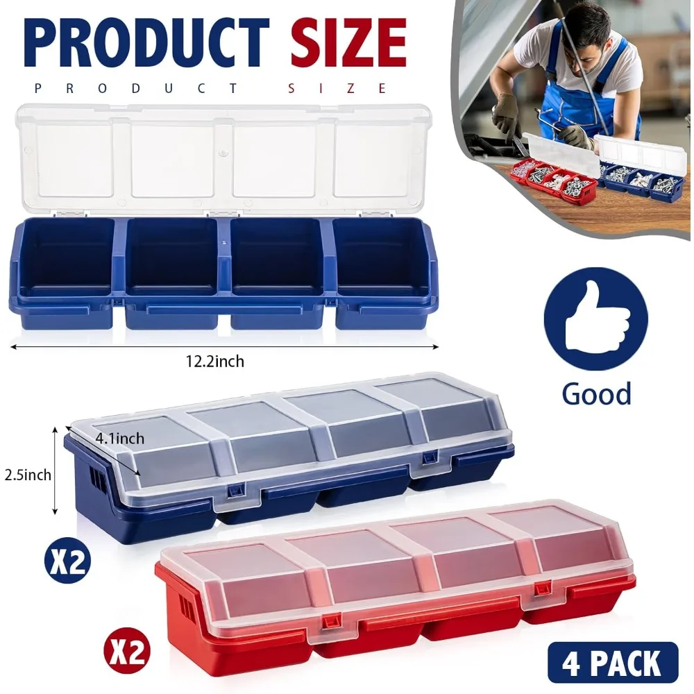 4-Compartment Screw Organizer Box with Lid, Stackable Plastic Small Parts Storage for Garage Workbench Craft