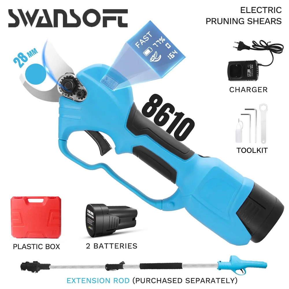 SWANSOFT-tijeras de podar eléctricas, tijeras para ramas de litio de 16,8 V, cortasetos de rama alta de 0-28mm, varilla de extensión de 1,2-1,8 m