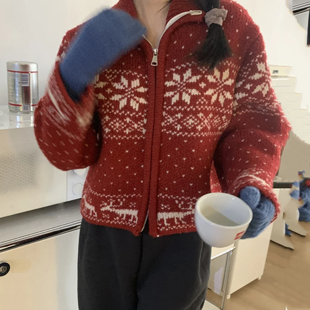 

Women's Knitted Zipper Sve Long Sve Stand Collar ort Cardigan Sweater Spring Autumn Straight Tube Vintage Fair Isle