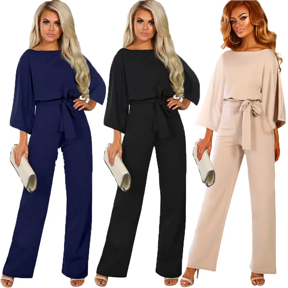 Elegant One Piece Jumpsuit Women 2024 New Office Solid Long Sleeve Sexy O Neck Lace Up Loose Casual Wide Legs Pants Rompers