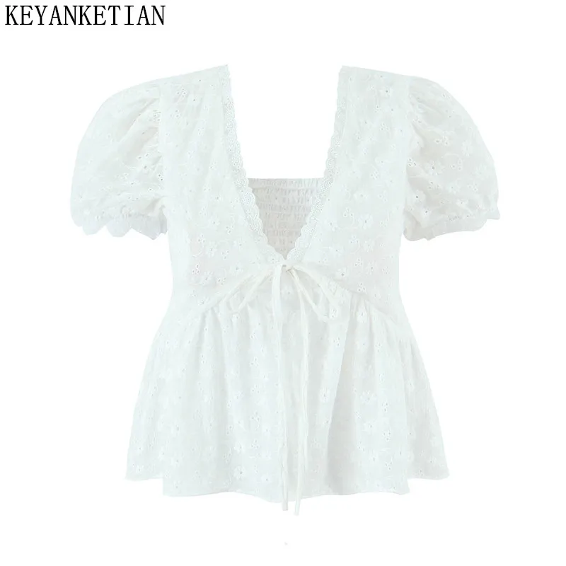

KEYANKETIAN Summer New Women's Clothing Bubble Short Sleeved Sweet Petite V-neck Lace Hollow Embroidery Lace Up Top Women Shirt