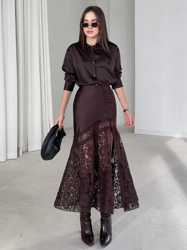 

HH Women Fashion Retro Versatile Solid Hem Slit Lace Silk Satin Skirt Female Elegant Slim Zipper Party Ankle-length Long Skirt