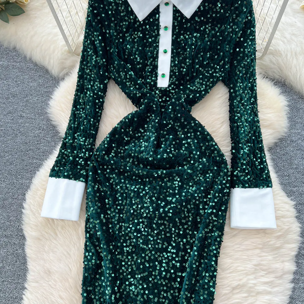 Chic vintage colletto rovesciato glitter manica lunga Elegante fata moda coreana Boho abito da donna