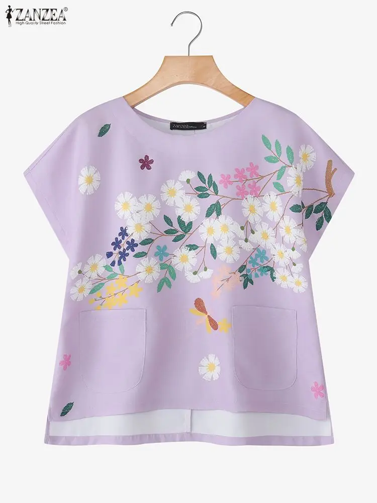 2025 zanzea mulheres verão floral impresso blusa casual camisa o pescoço manga curta topos feminino elegante trabalho blusas mujer oversize