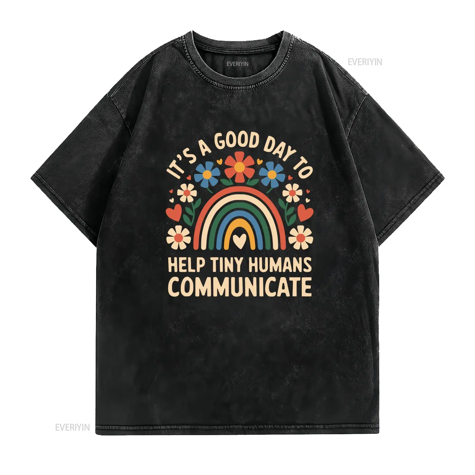 Groovy Retro Rainbow Floral Help Tiny Humans Communicate Slogan Casual T Shirt vintage Washed Unisex Top For Everyday Wear