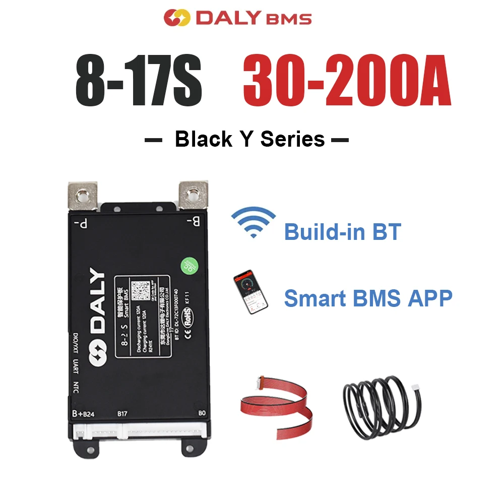 Daly Black Smart BMS 7-17S مُحدد تلقائيًا 30A 40A 60A 80A 100A 120A 150A 200A المدمج في BT UART Li-ion LFP LTO Balance