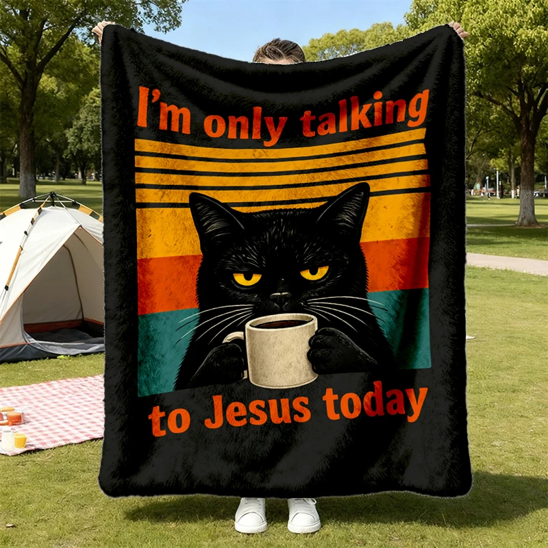 I'm Only Talking To Jesus Today Flannel Blanket, Grumpy Cat Coffee Flannel Throw, Funny Cat Mom Cozy Blanket, Gift for