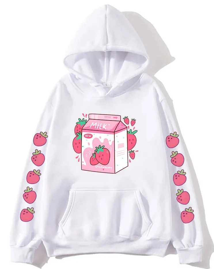 

Cartoon Strawberry Milk Cute Printed Clothing Lady Hoodies Harajuku Sweatshirt Aesthetic Trendy Unique Winter Warm Streetwear